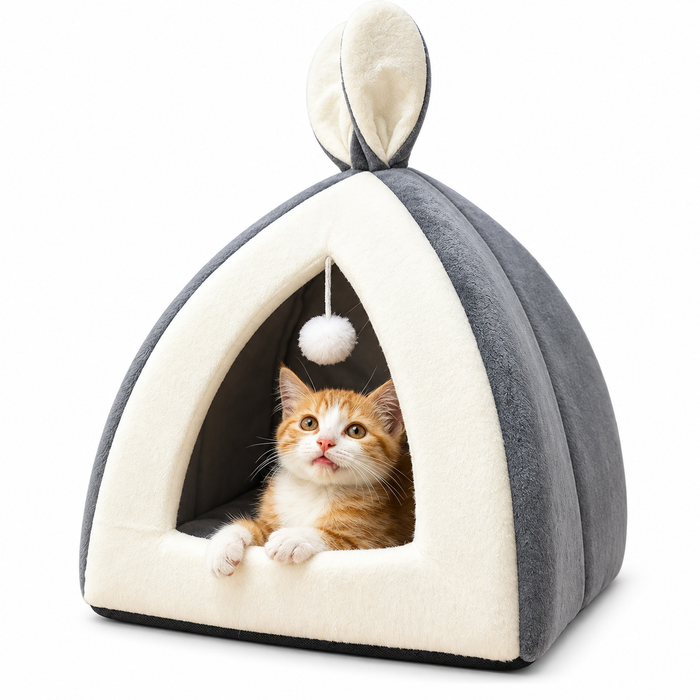 Cozy Bunny Ear Cat Cave Bed with Hanging Pom-Pom Toy