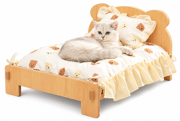 Cozy Wooden Pet Bed with Soft Bear Print Bedding