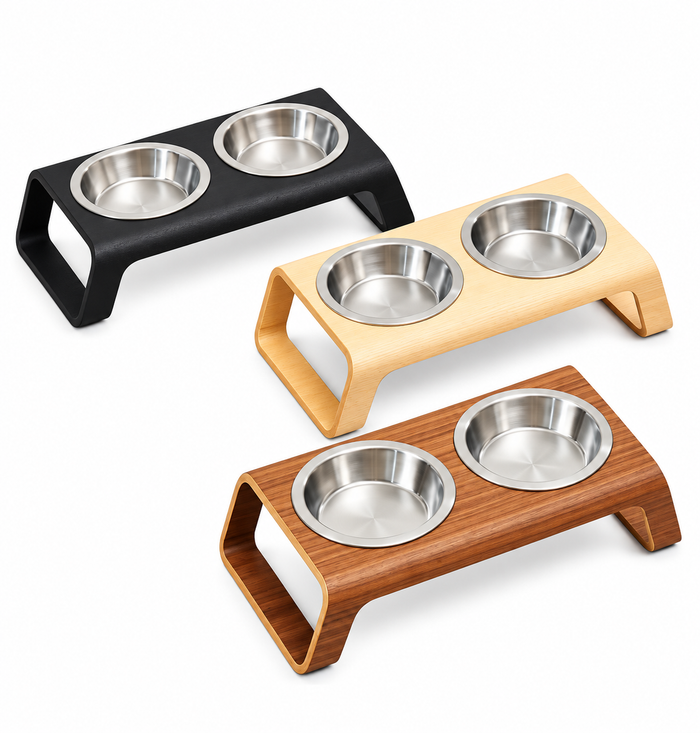Modern Elevated Double Pet Bowl Stand with Stainless Steel Bowls
